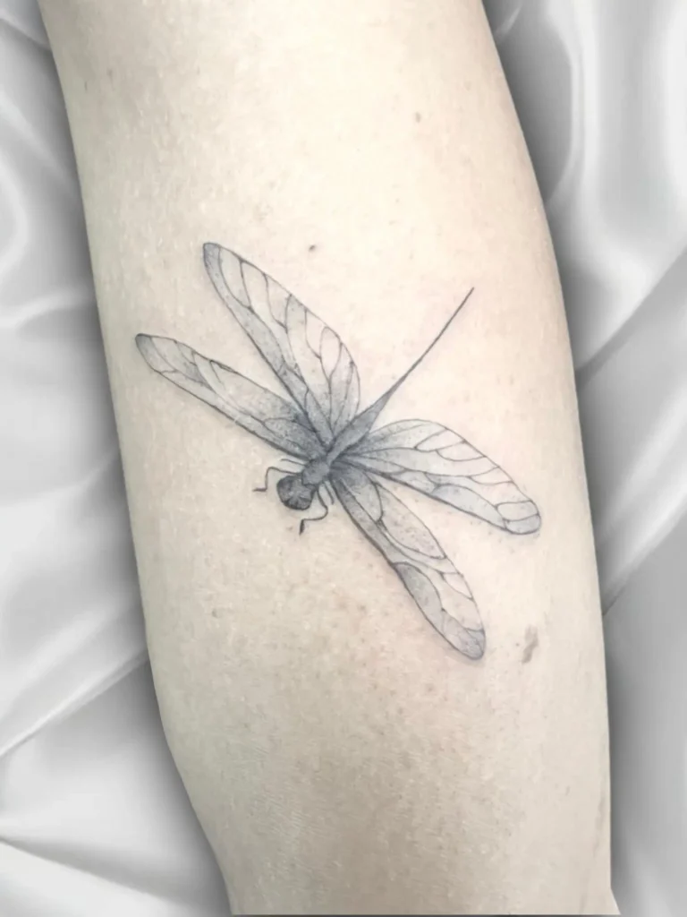 tatuaje libélula fineline en brazo